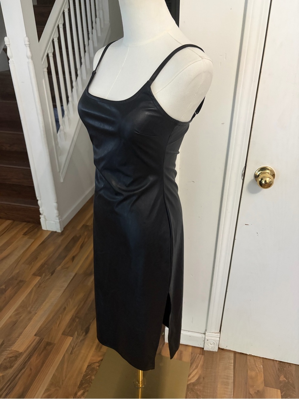 Siren : Vampire: WhimsygothBlack Faux Leather Midi Slip Dress, Side Slit, XS